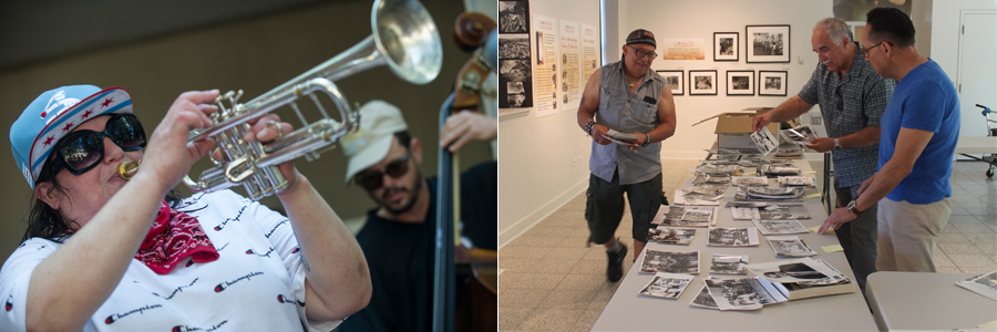 Left:_Woman_Playing_Trumpet_With_Man_Playing_Upright_Bass_Right:_Latino_Men_Looking_At_Photos_On_Table_In_Gallery