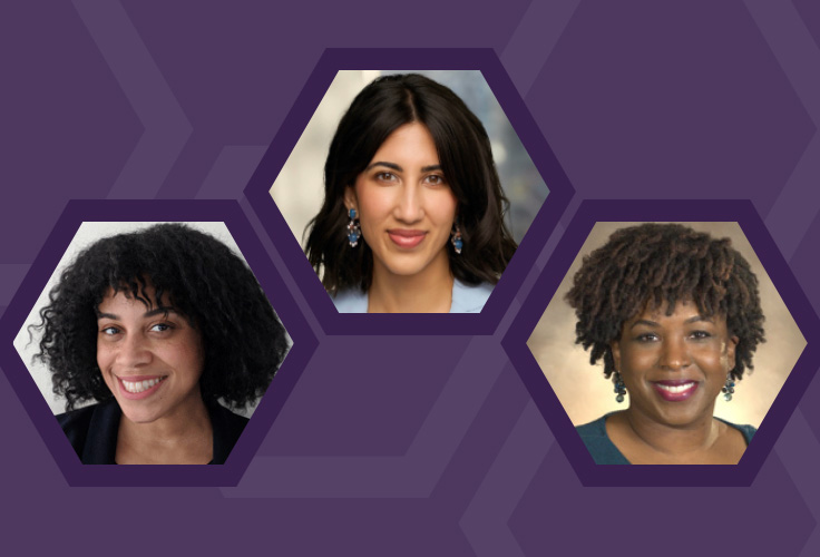 Headshots of three women against a dark purple background.