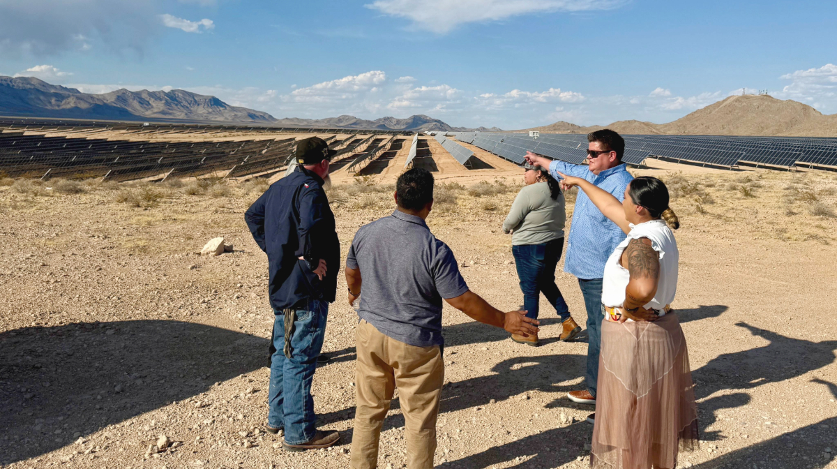 Five people are discussing and pointing at a large solar panel field in a desert landscape under a clear sky.