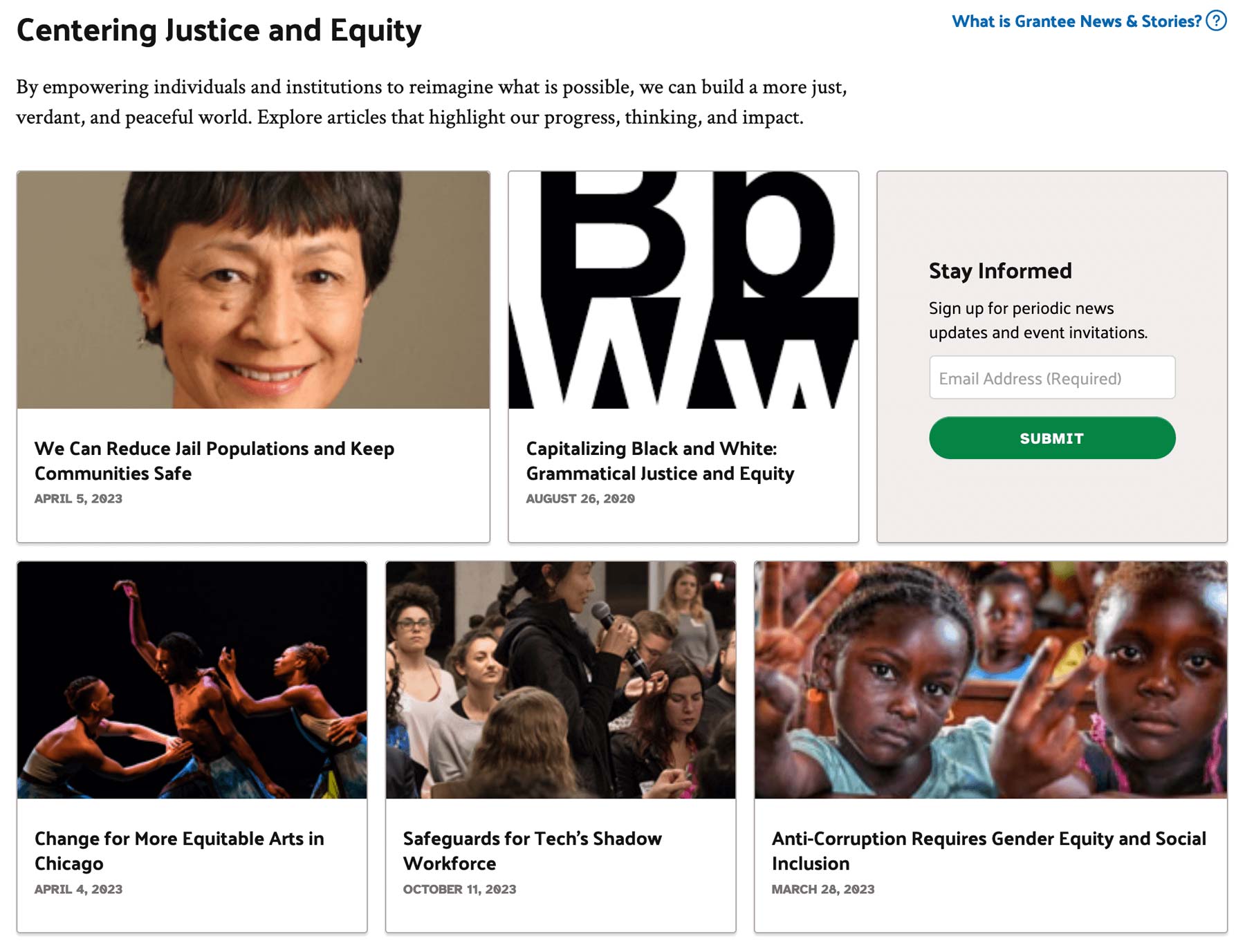 a grid of news articles with headline: Centering Justice and Equity.