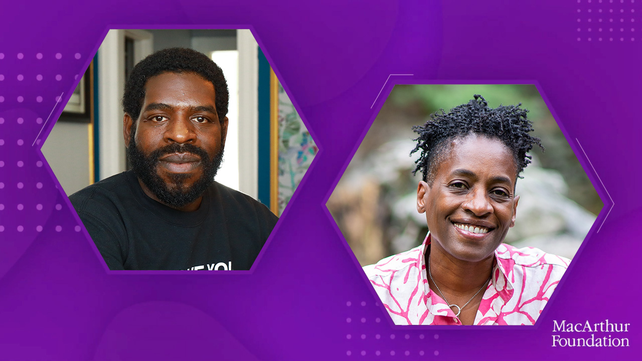 Two individuals smiling against a purple background with geometric designs and MacArthur Foundation logo.