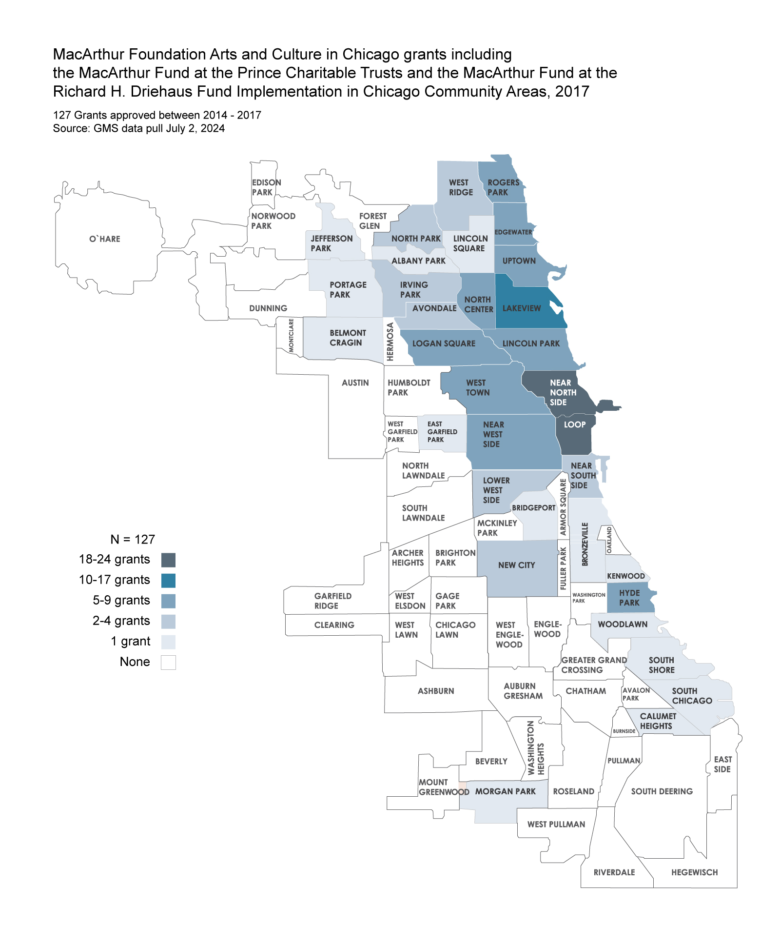 Map of Chicago neighborhoods color-coded by number of grants received: 1-24. Darker shades indicate higher grant numbers.